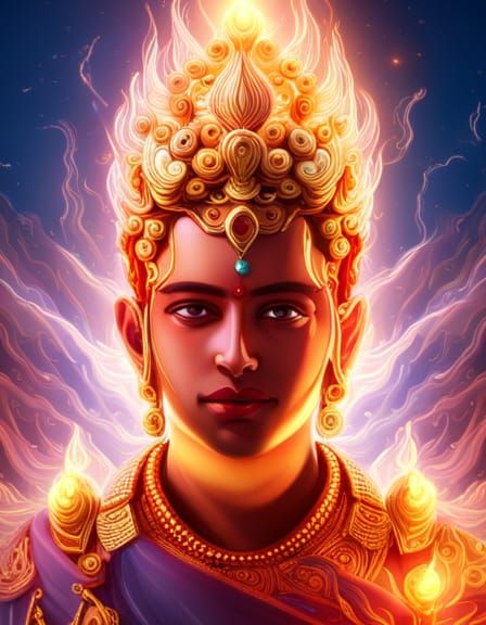 Radiant Portrait of Agni in Indo-Futurism Style