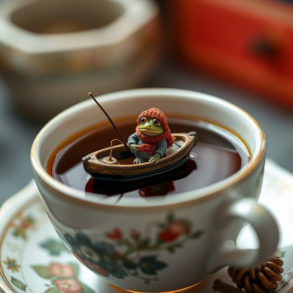 Miniature Fisherman Frog in Teacup: Macro Photography