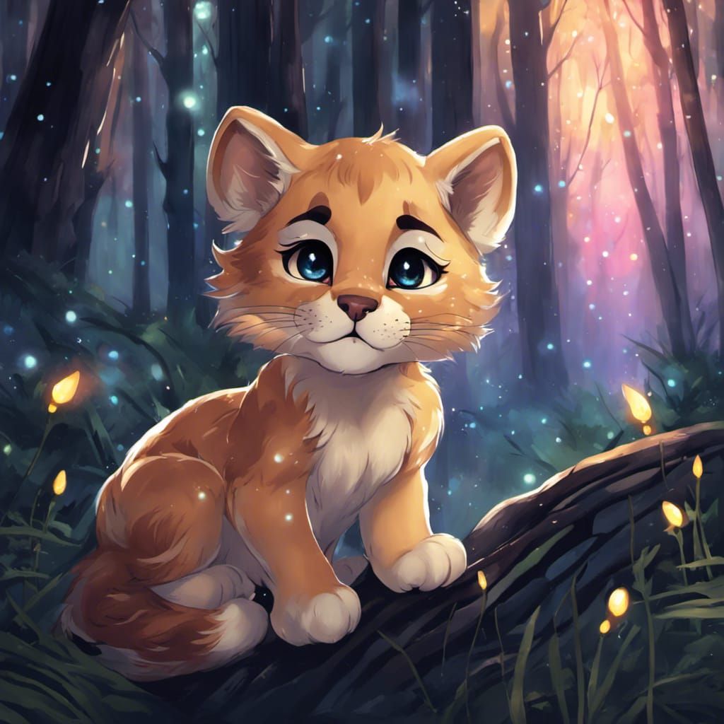 Whimsical Chibi Cougar in Mystical Forest