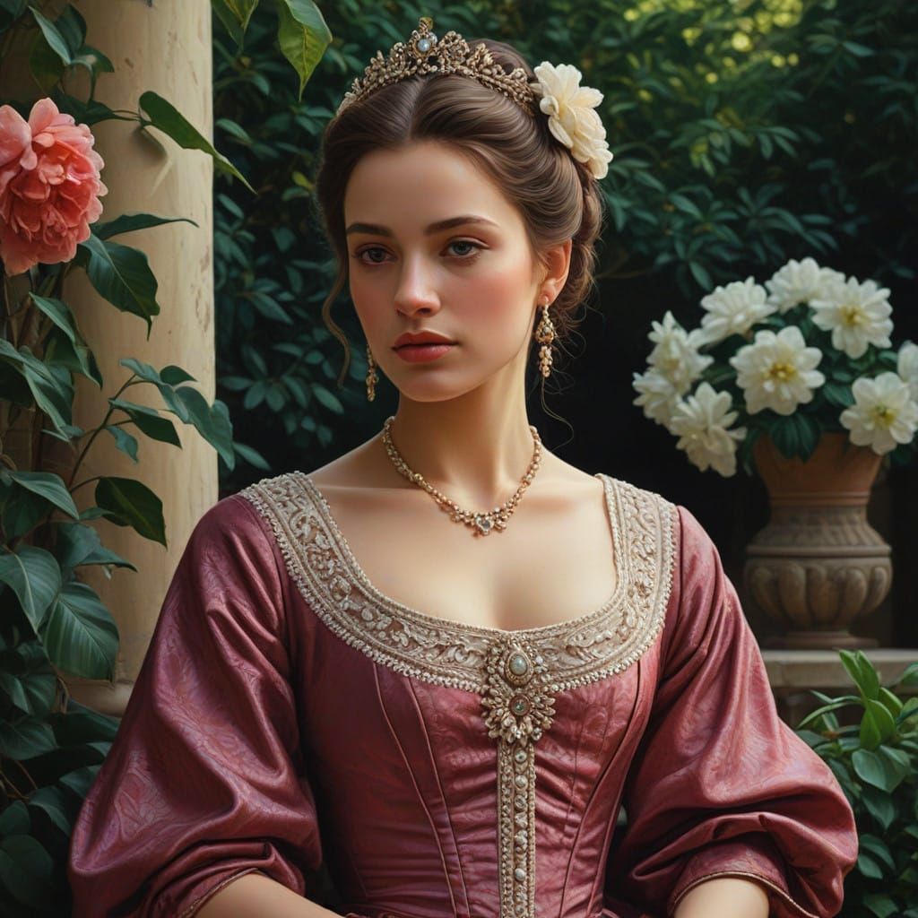 Serene Noblewoman in a Lavish Garden Setting, in Classical O...