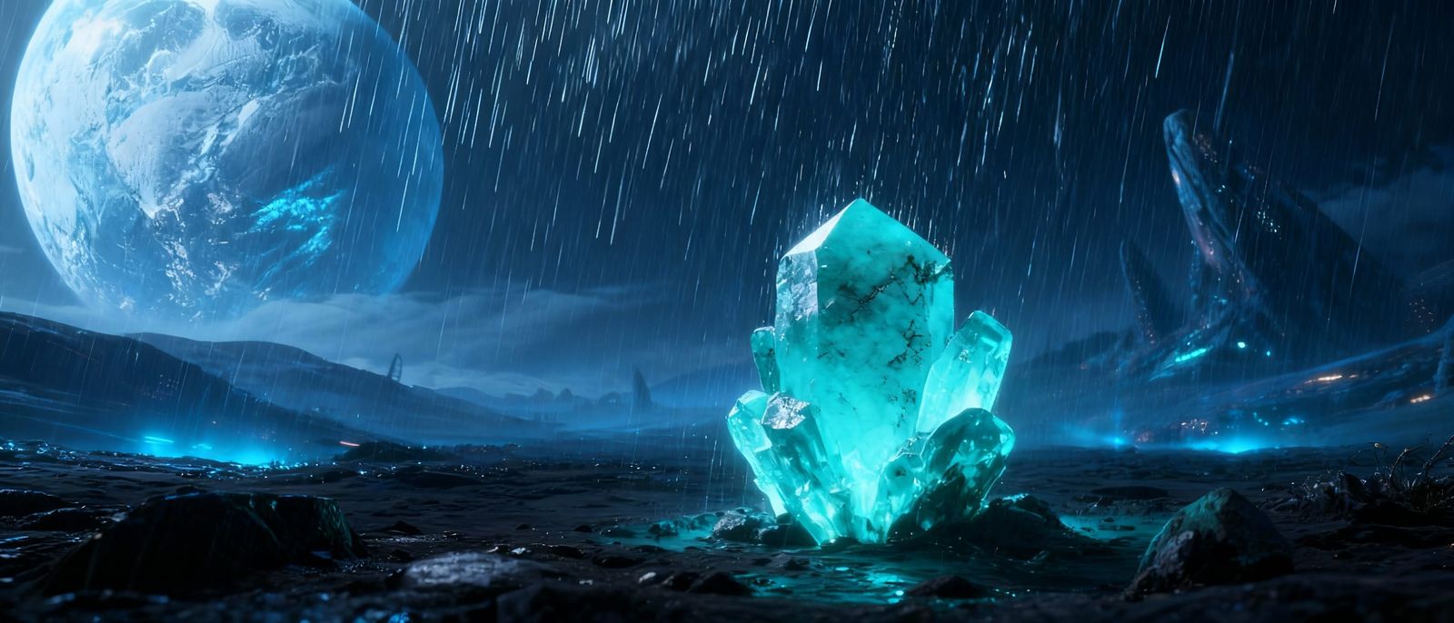 Glowing Amazonite on Alien Plain with Ice Planet