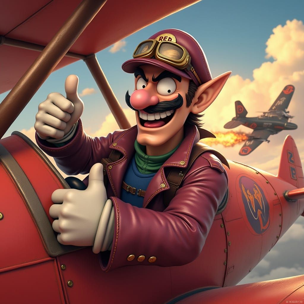 Waluigi as the Legendary Red Baron in Vintage Aviator Gear