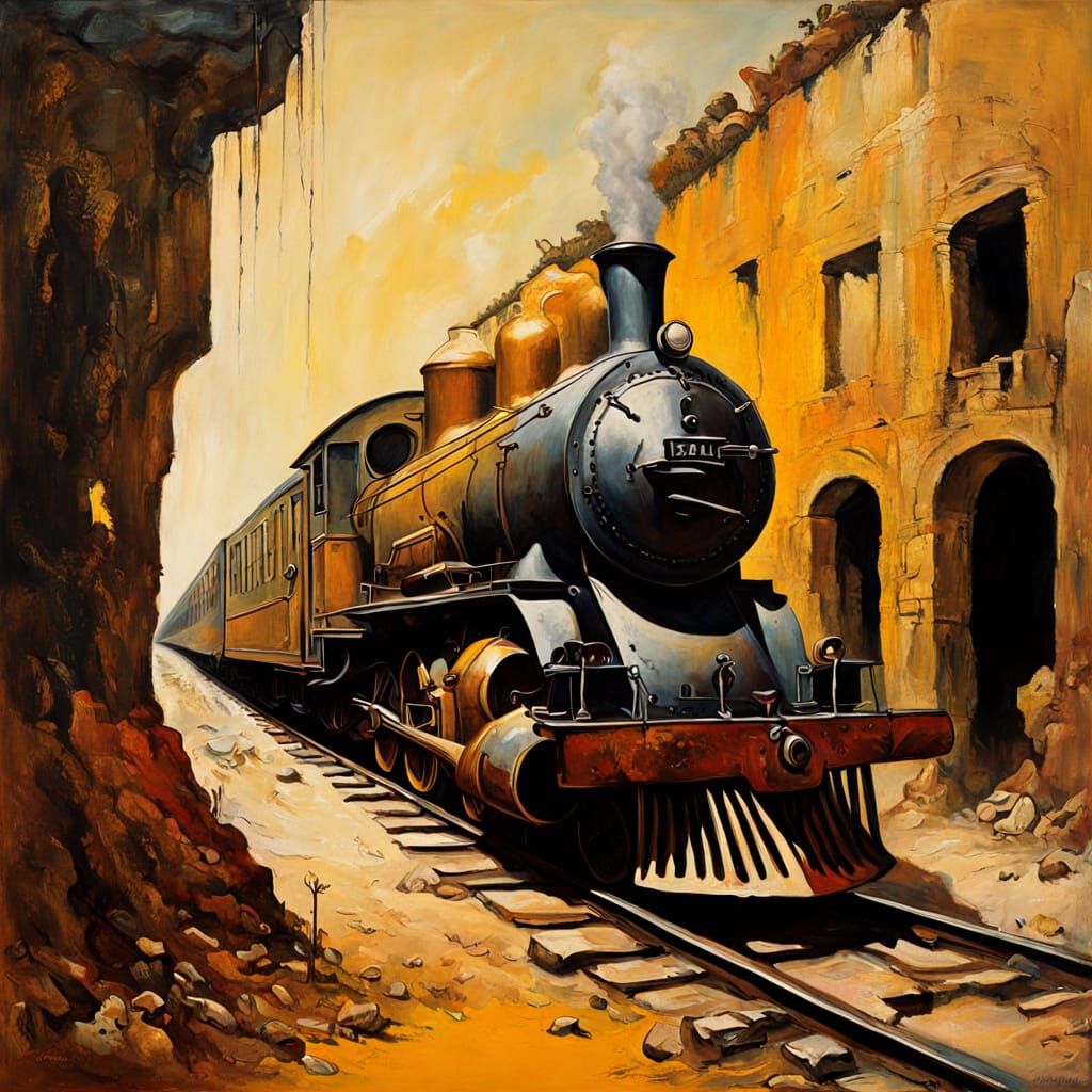 Train Through Ruins in Dreamlike Surrealism