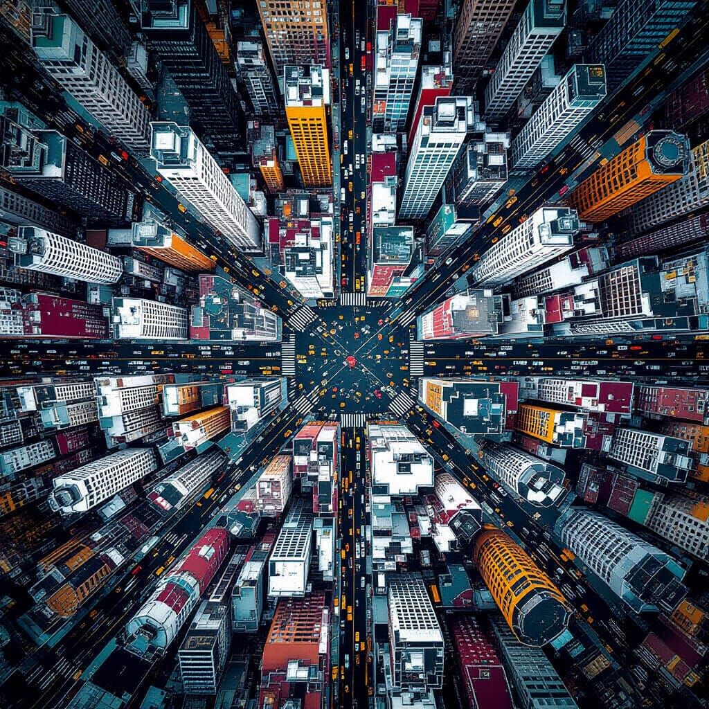 Hyperrealistic Aerial View of Bustling Cityscape