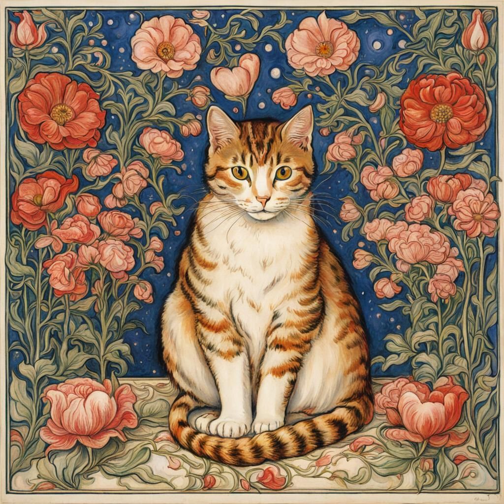 Cat on Pillow in William de Morgan Style