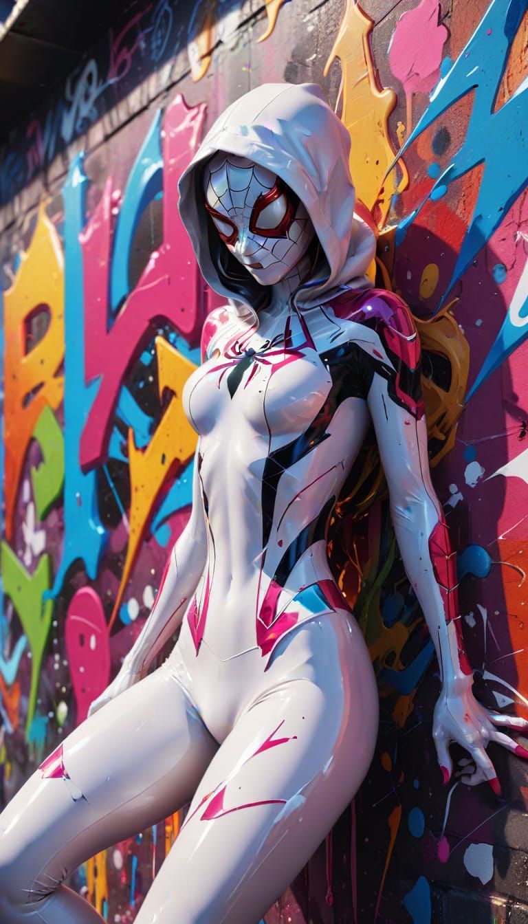 Graffiti Street Art of Spider-Woman in Stunning White Suit