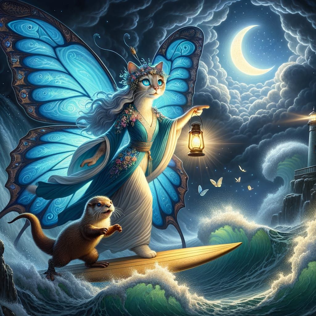 Fantasy Cat Fairy Guides Surfing Otter