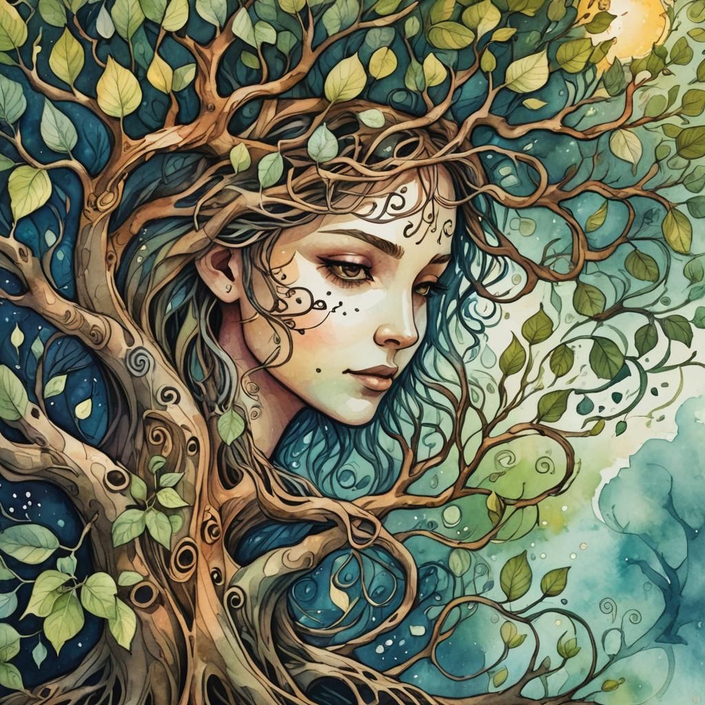 Musical Tree Watercolor Illustration in Comic Art Style