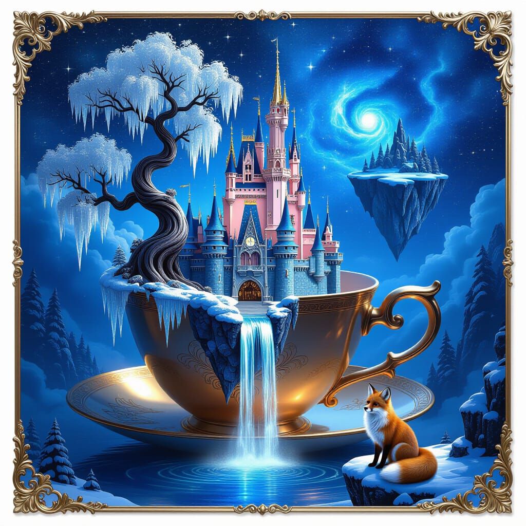 Fantasy Castle on Teacup with Cosmic Waterfall, Matte Painti...