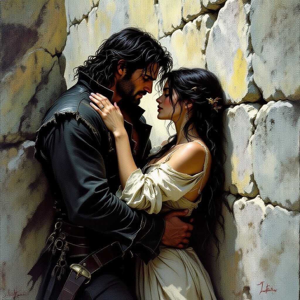 Brooding Man and Determined Woman in Dramatic Embrace