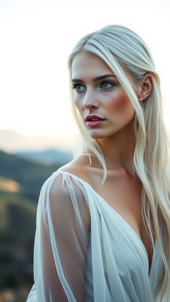 Ethereal Nordic Woman in Flowing White Gown