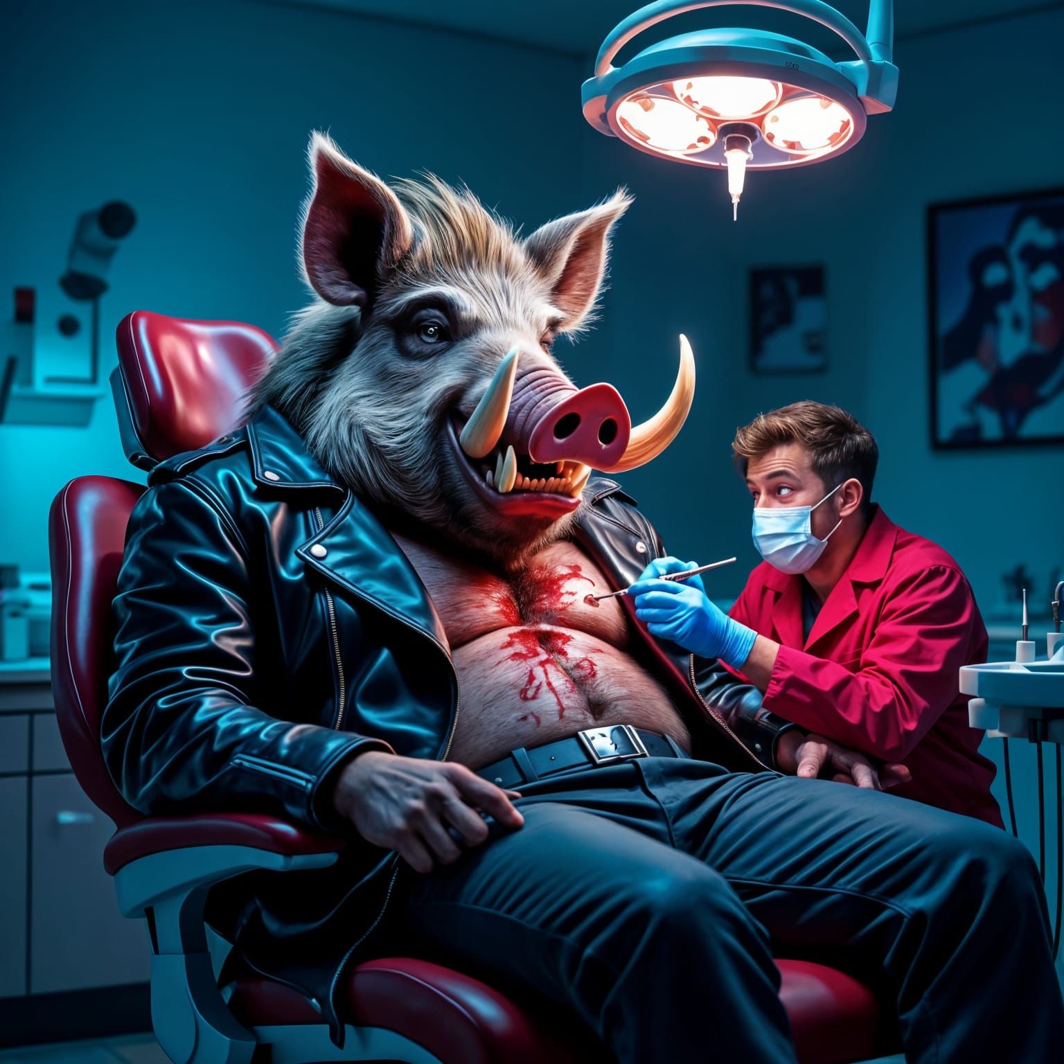 Boar-Man's Visit: Hyperrealistic Dentist Nightmare