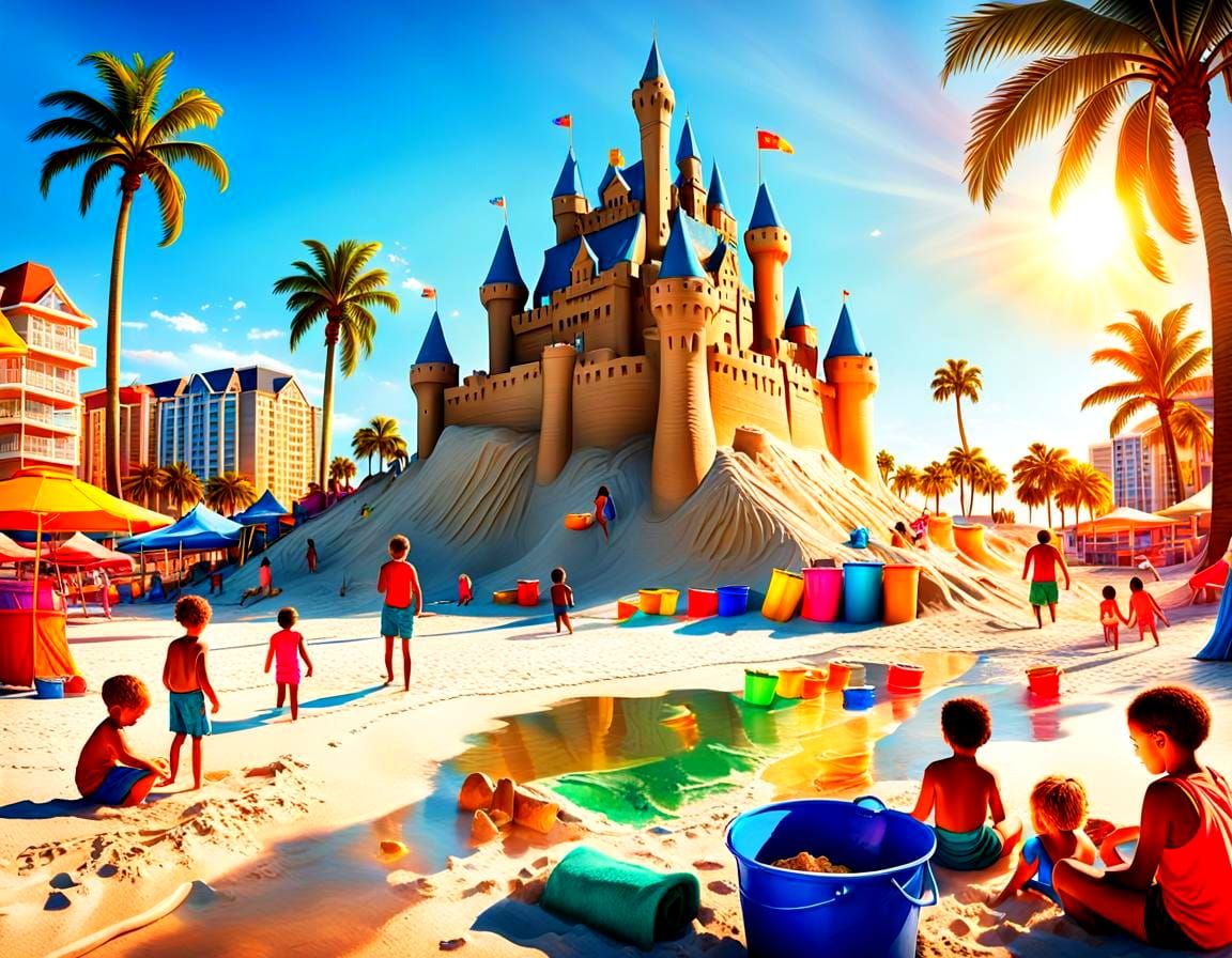 Families Build Sandcastle on Clearwater Beach, Florida