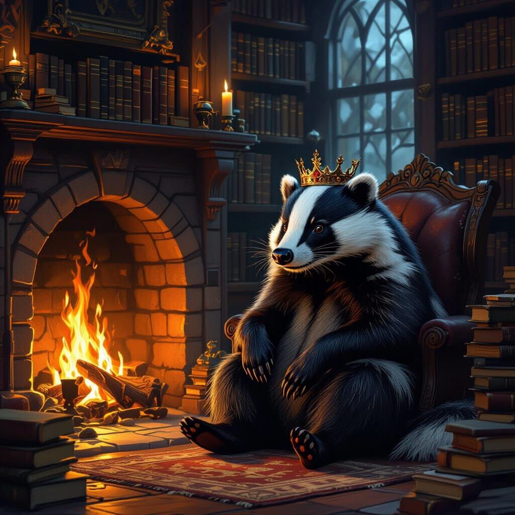 Wise Badger King in Cozy Study, Fantasy Concept Art