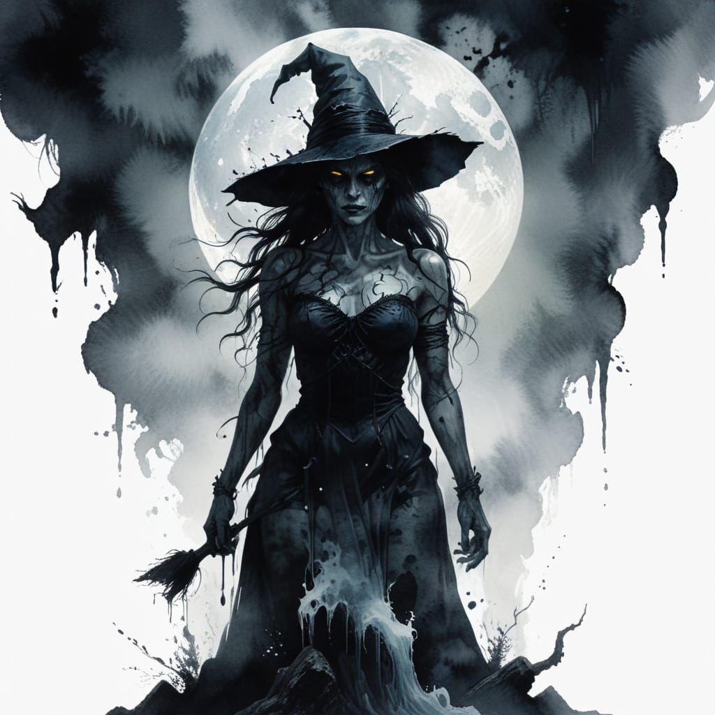 Dark Fantasy Witch Silhouette Against Full Moon