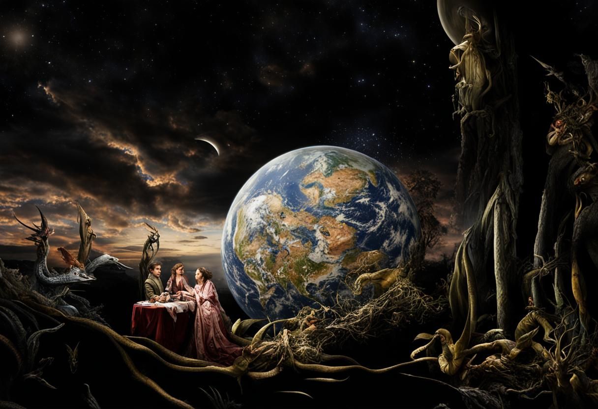 Extraterrestrial Celebration in Surreal Restaurant: 8K Photo...