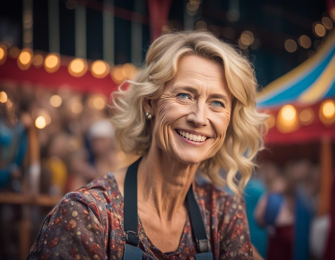 Smiling Blonde Woman in Circus, Professional Photo