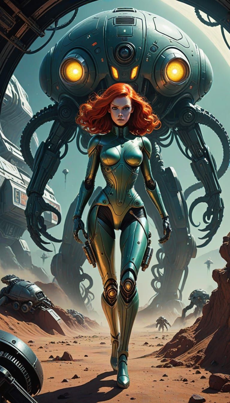 Retro Sci-Fi Art: Redhead Damsel vs Alien Menace