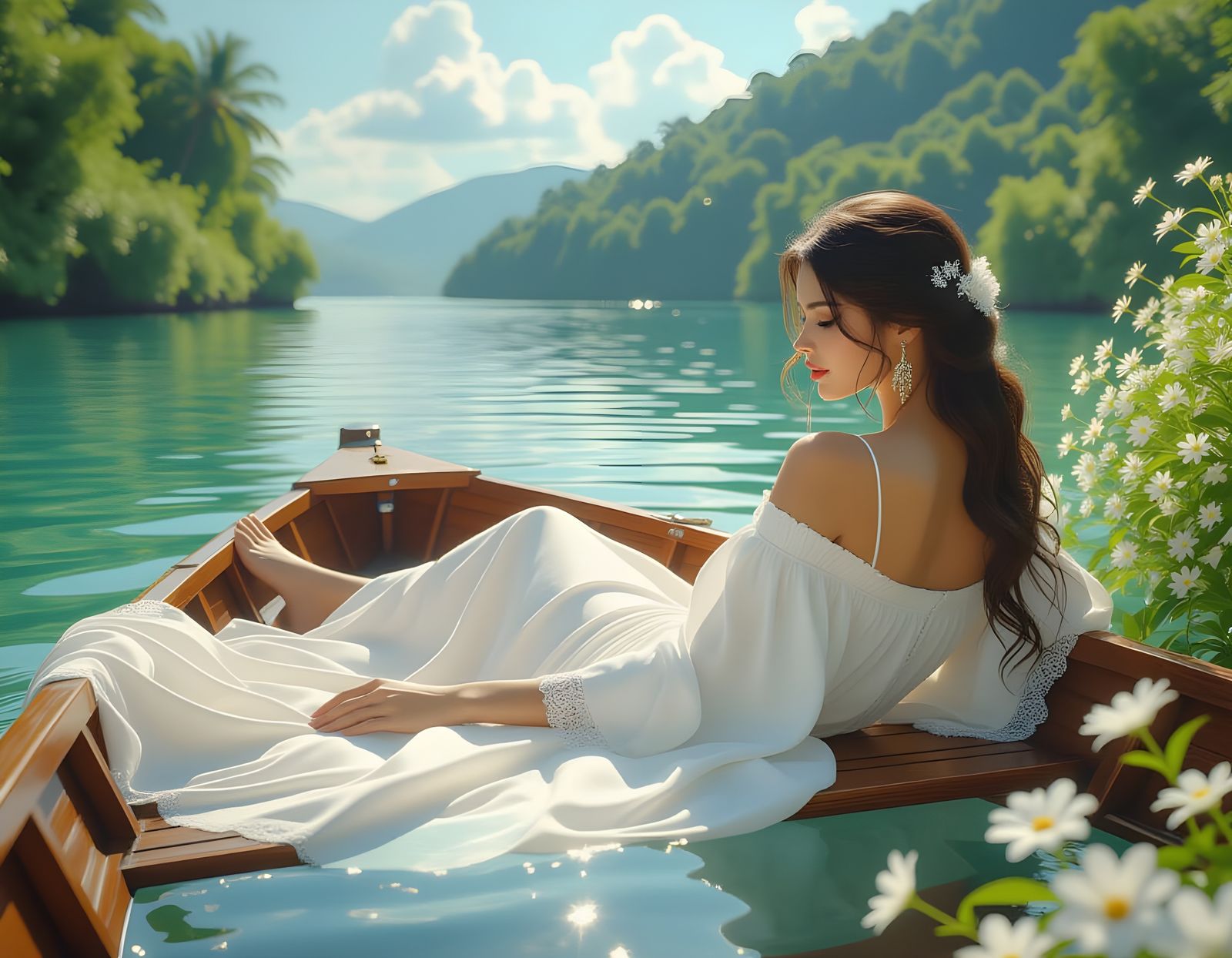 Woman in Boat Surrounded by Summer Landscape