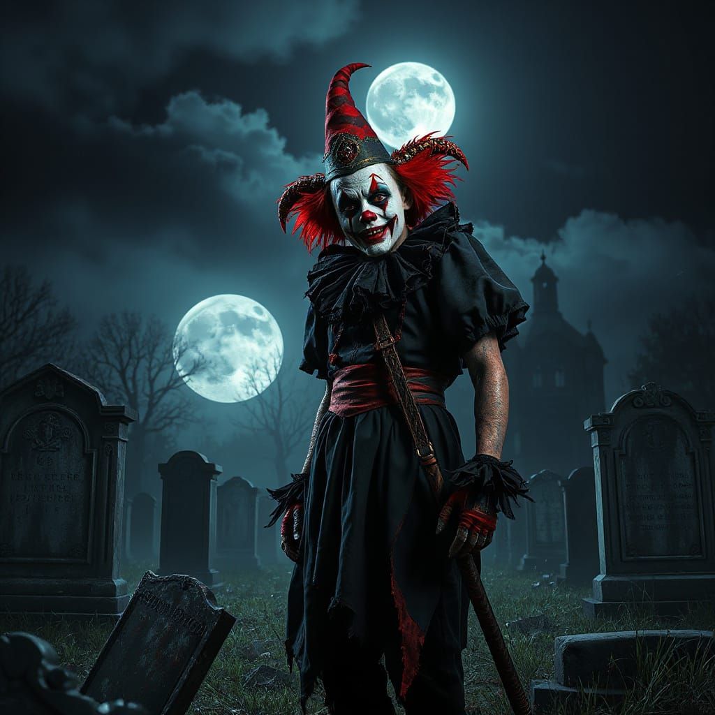 Gothic Clown in Graveyard: Dark Fantasy Art