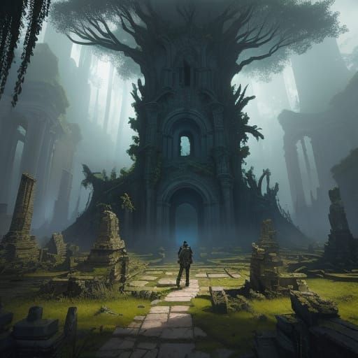 Warrior Before Ancient Ruin in Ethereal Light