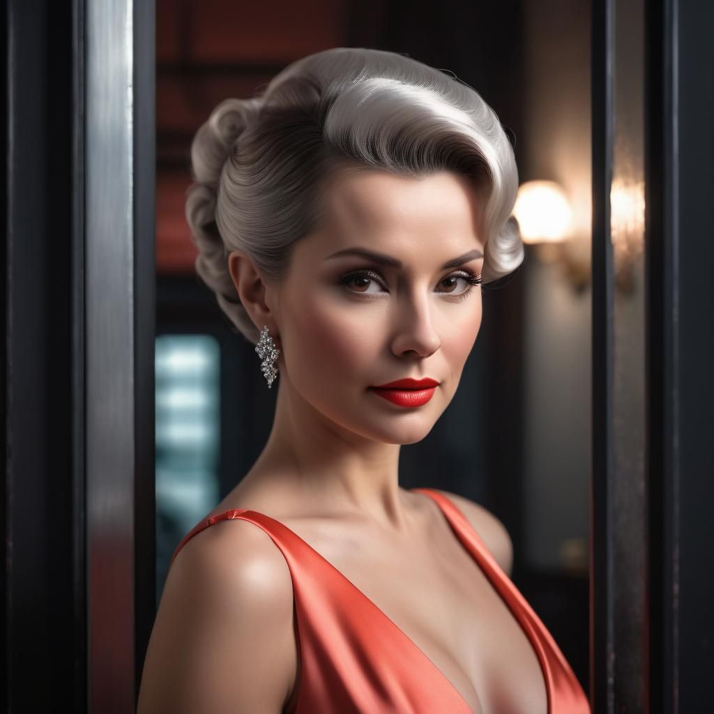 Film Noir Portrait of Woman in Coral Gown