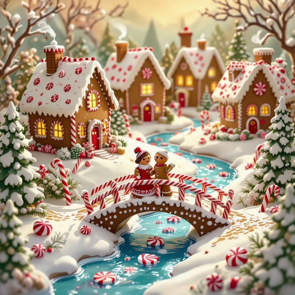 Whimsical Gingerbread Village with Candy Cane Stream