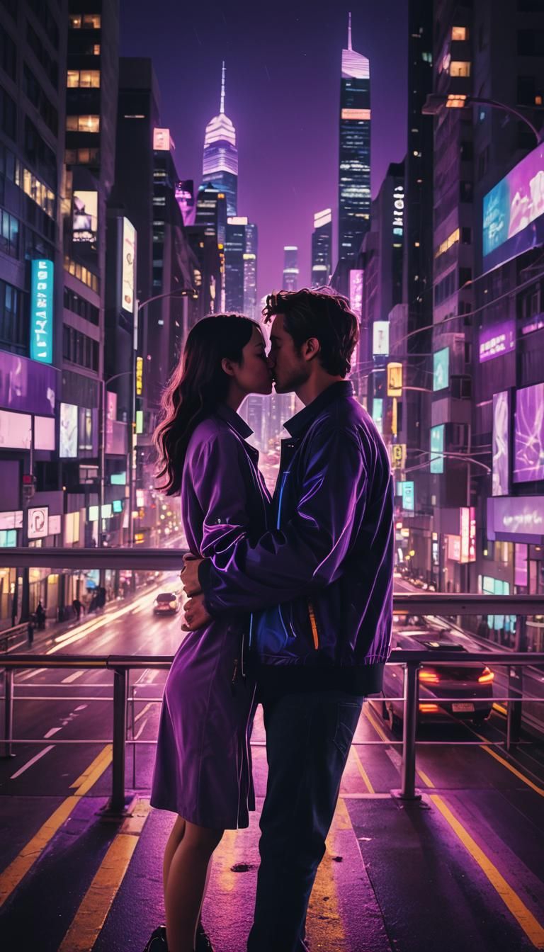 Neon City Embrace: Futuristic Night Scene in 8K