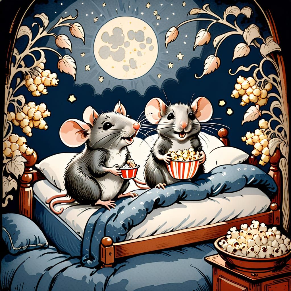 Whimsical Mice Enjoy Movie Night in Gallic Cookbook Style