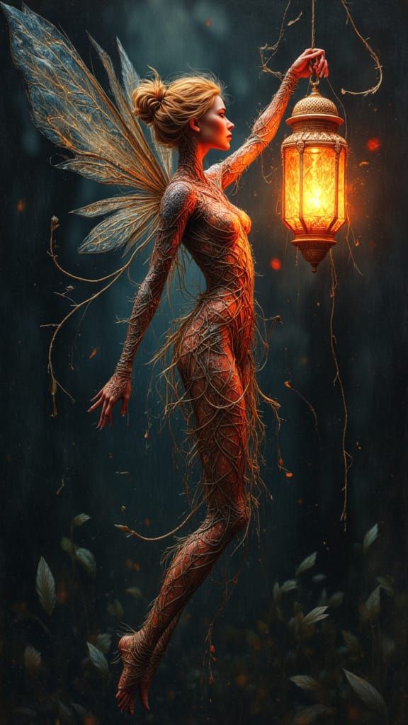 String Fairy with Ruby Lantern Impasto Oil Painting