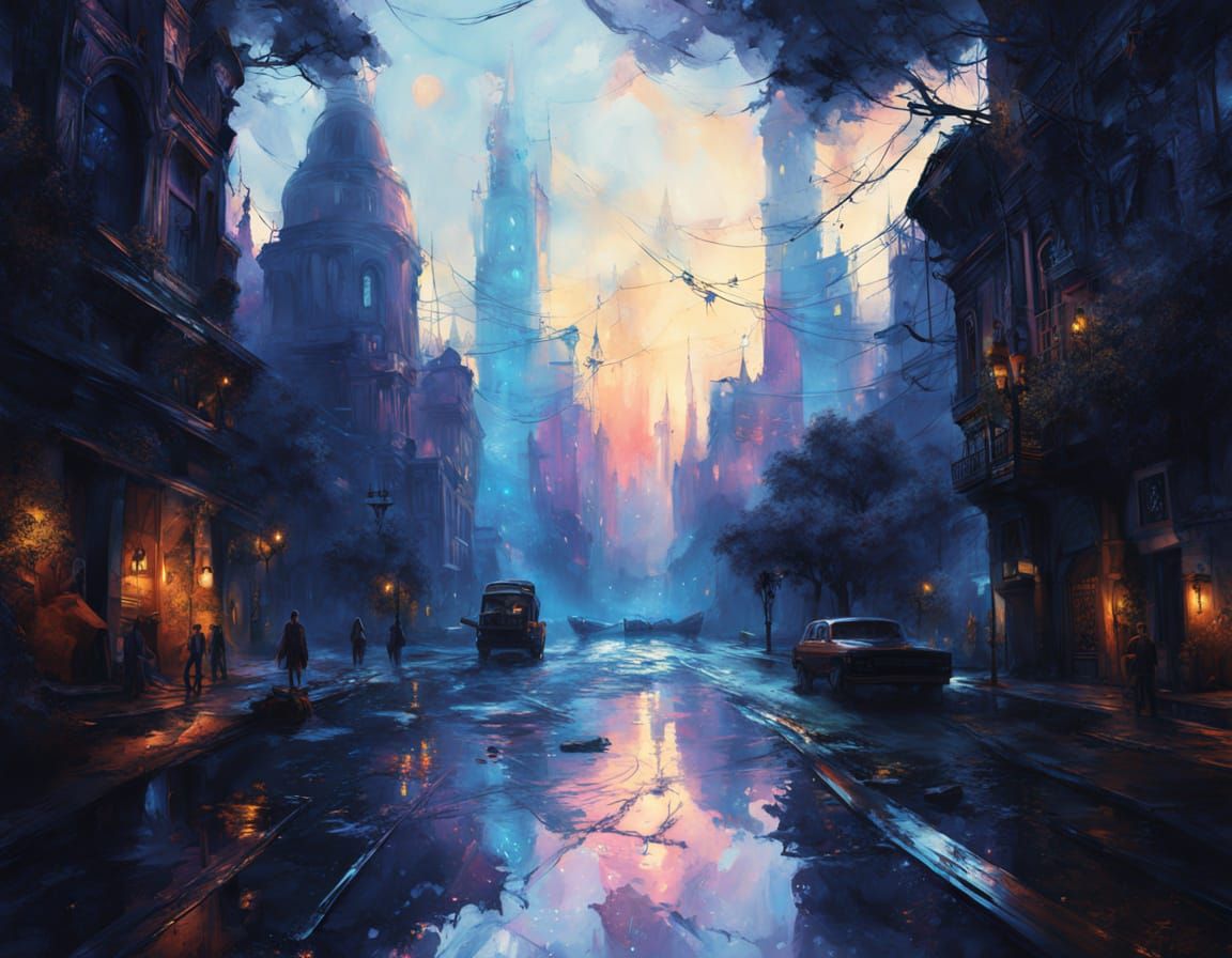 Twilight Cityscape: A Watercolor Fantasy