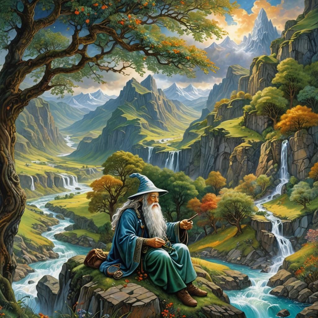 Gandalf in Middle-earth Valley, Illustrative Style