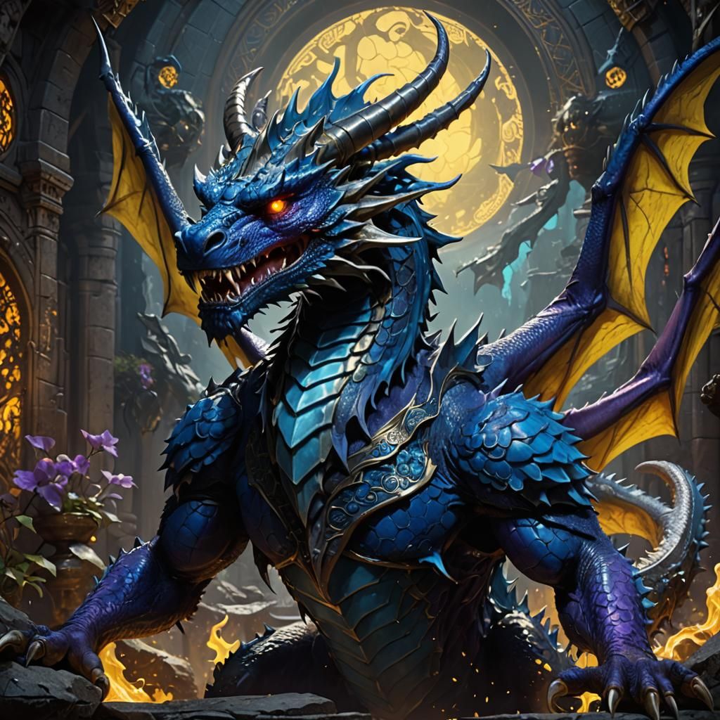 Blue Dragon with Black Horns in Dark Fantasy Style