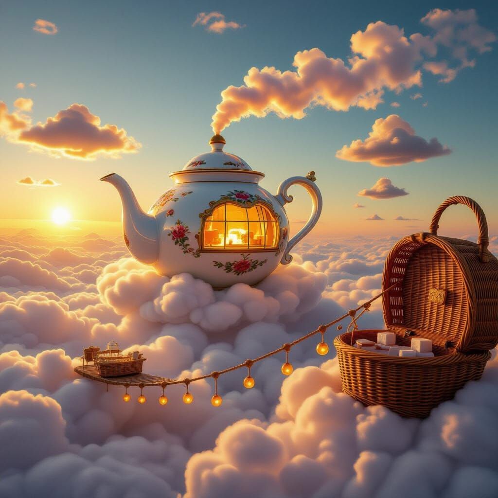 Ceramic Cloud Teaship Navigates Sunset Sky