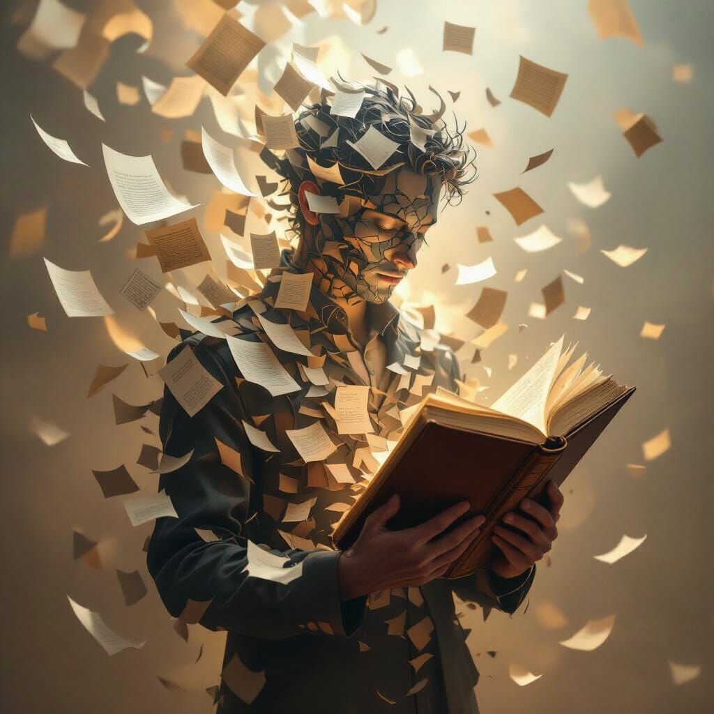 Surreal Figure Merging With Ancient Book