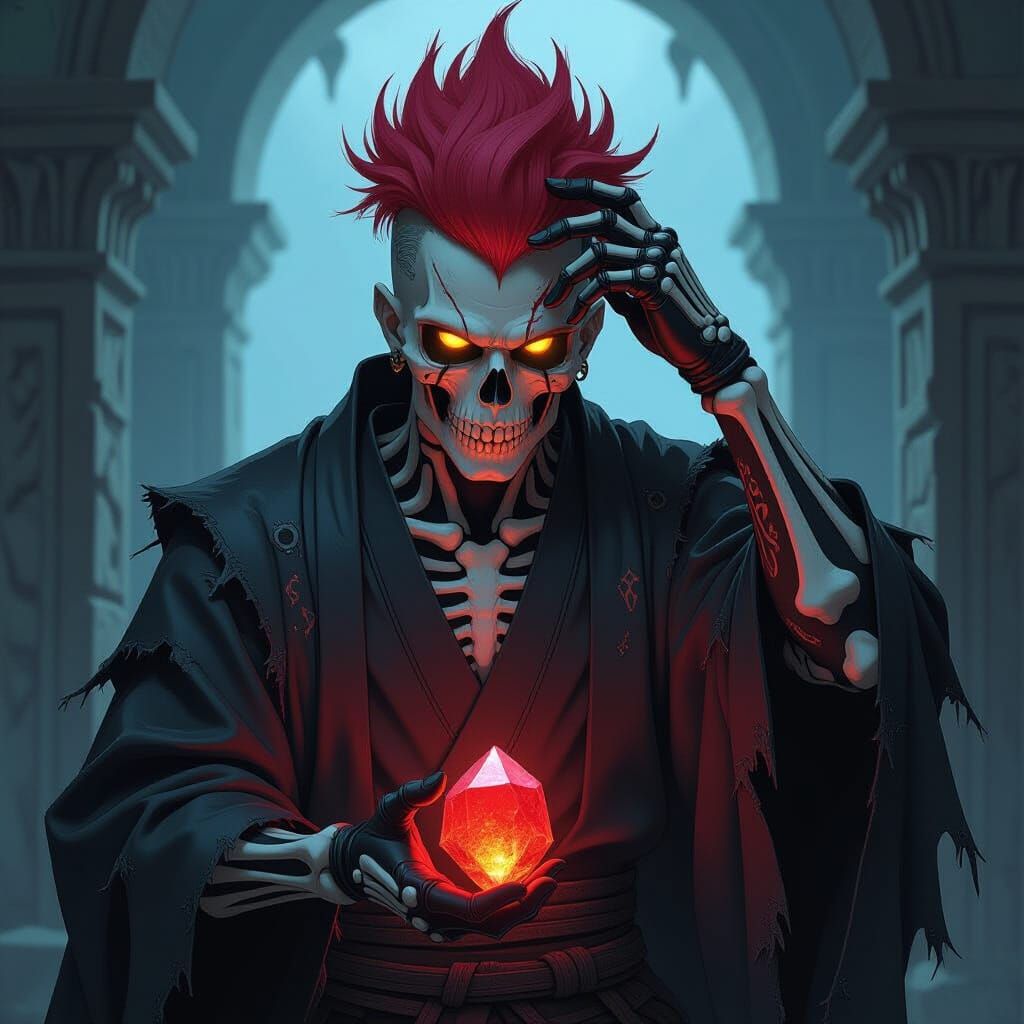 Dark Fantasy Spellcaster with Red Pompadour in Anime Style