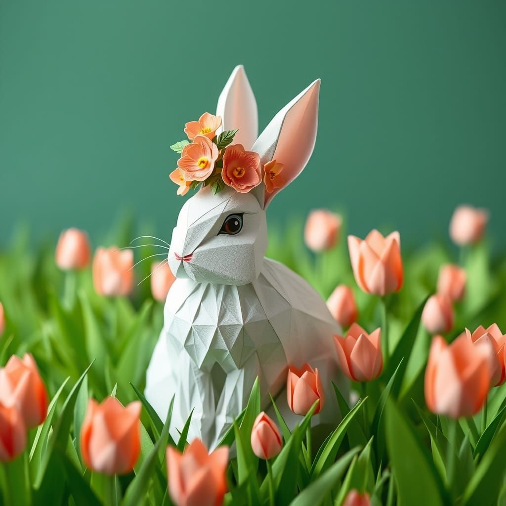 Rabbit with Paper Flower Crown in Origami Style