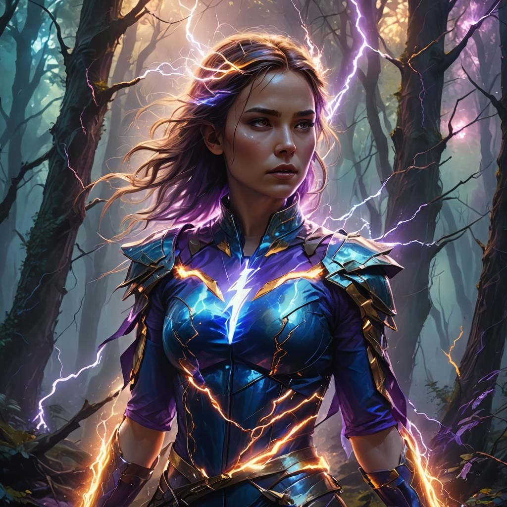 Electric Girl in Mystical Forest, Digital Art