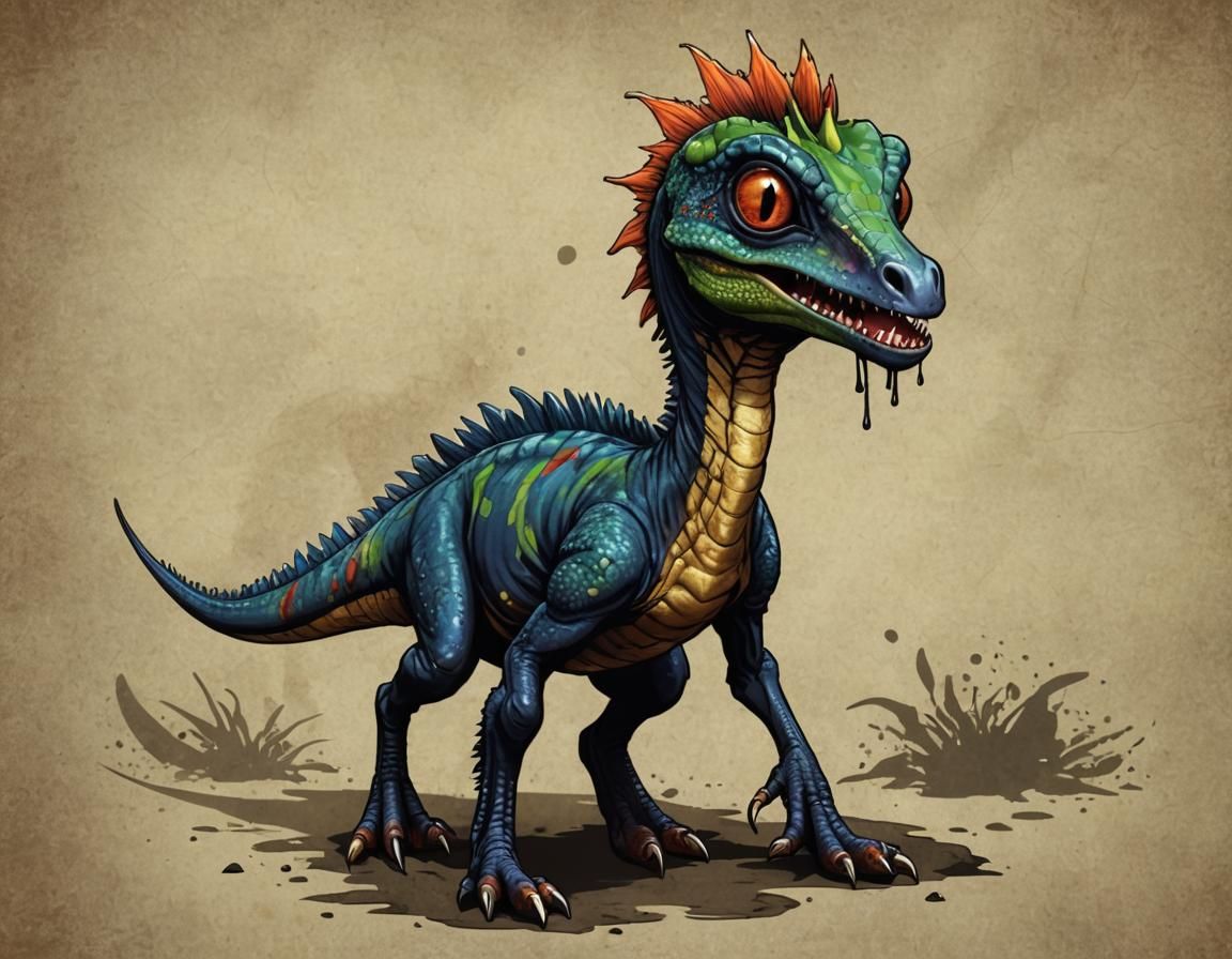 Colorful Chibi Compsognathus in Prehistoricpunk Style
