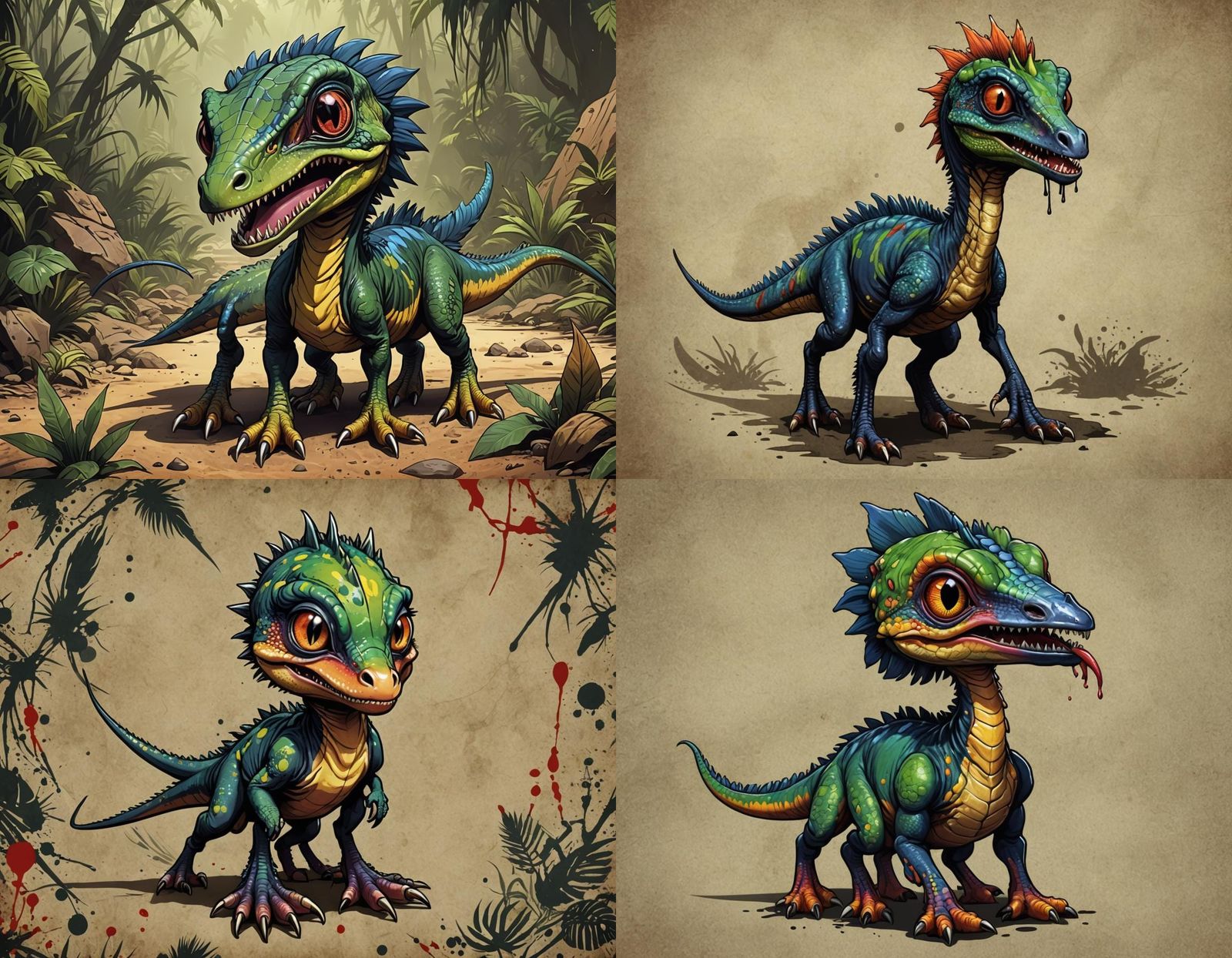 Colorful Chibi Compsognathus in Prehistoricpunk Style