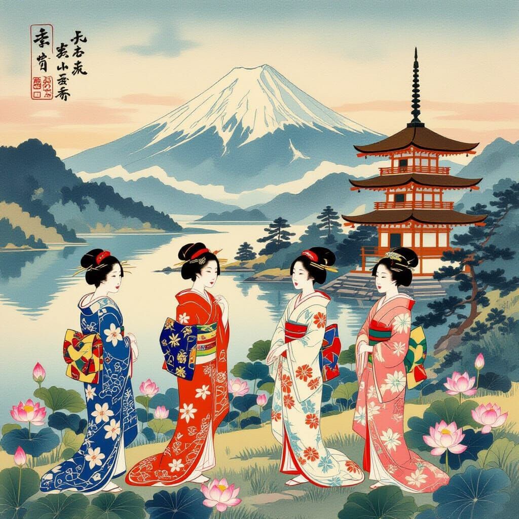 Japanese Triptych with Geishas in Ukiyo-e Style