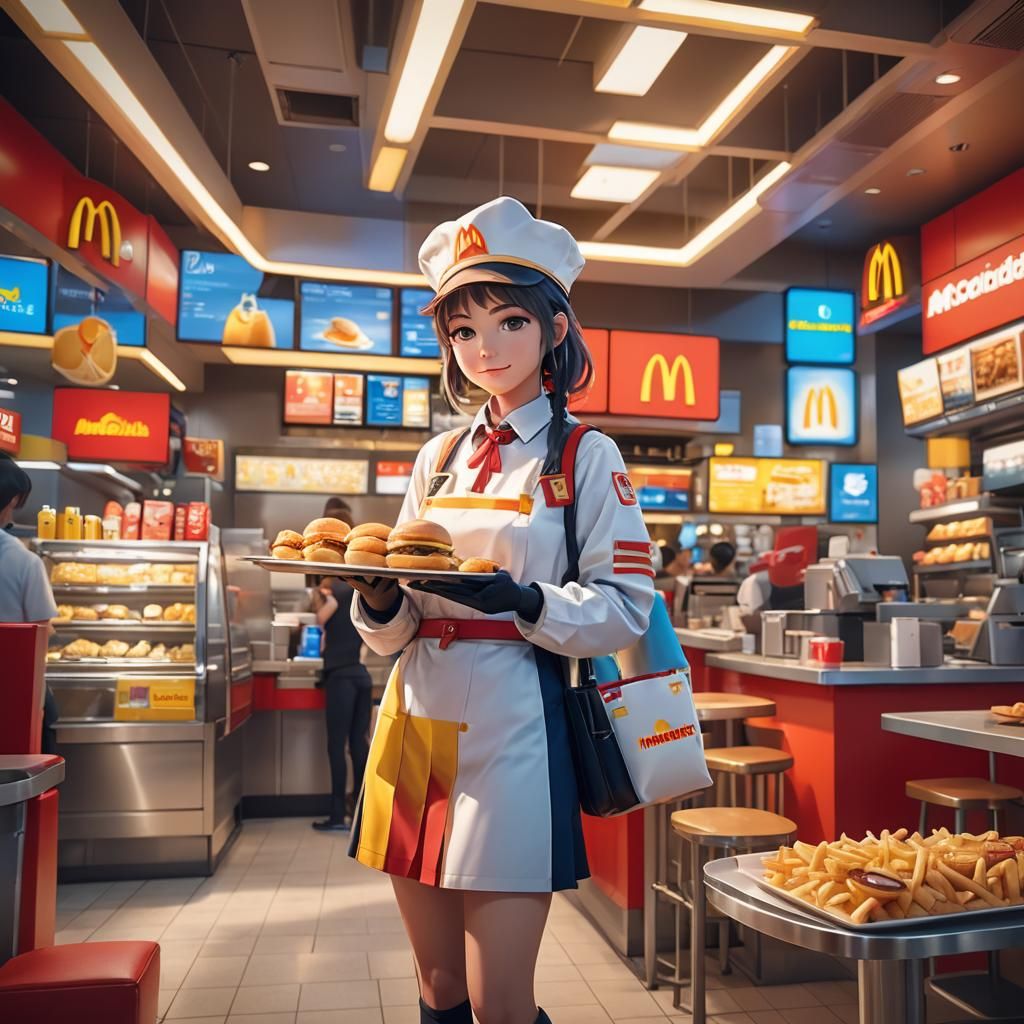 Anime Girl Working at McDonald's: Matte Painting
