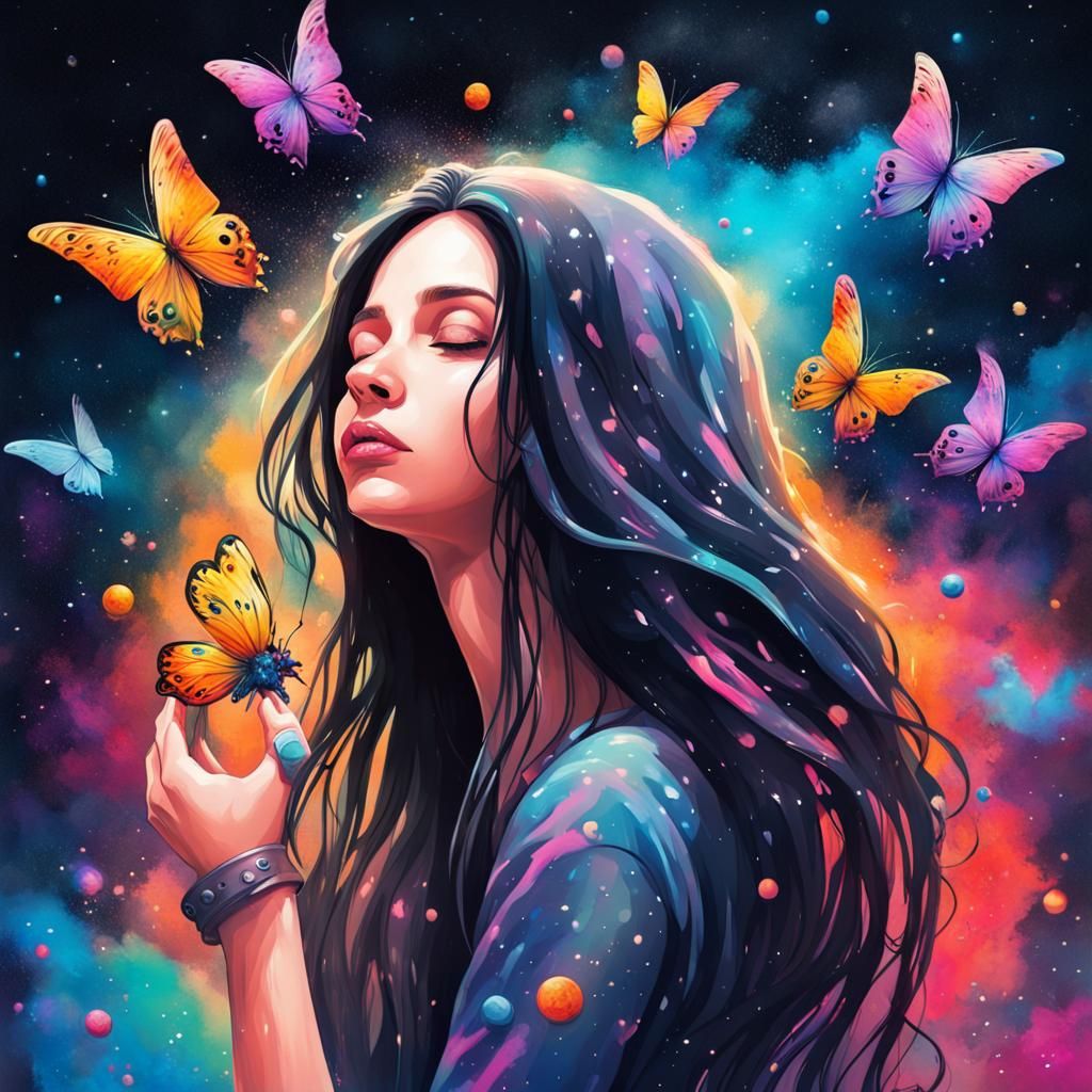 Girl with Galaxy Hair and Butterfly, Graffiti Art