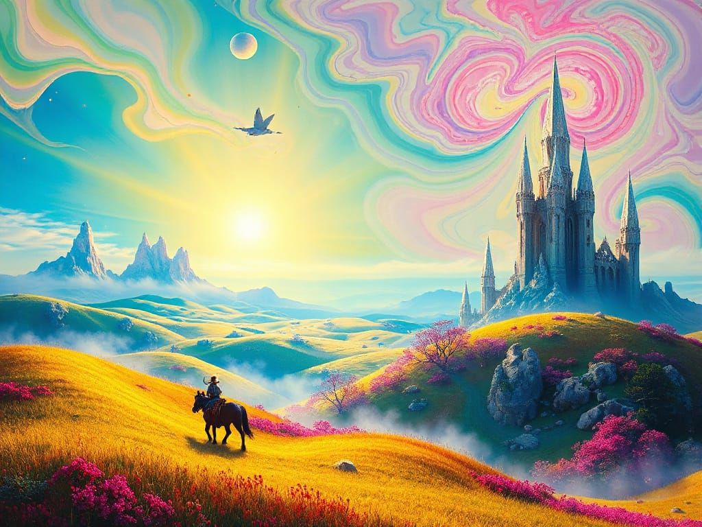 Surreal Landscape of Iridescent Hills and Crystal Spires