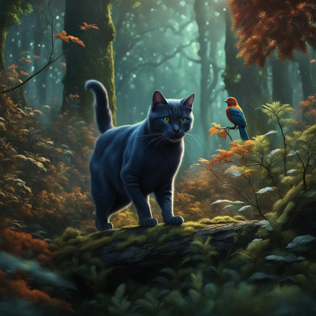 Cat Stalking Bird: Detailed Matte Painting