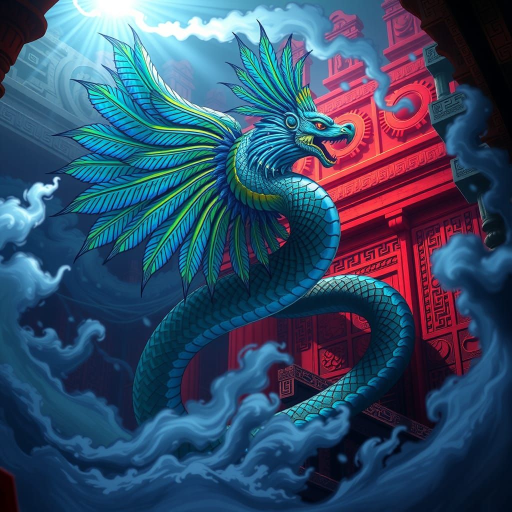 Quetzalcoatl Emerges from Iridescent Mist