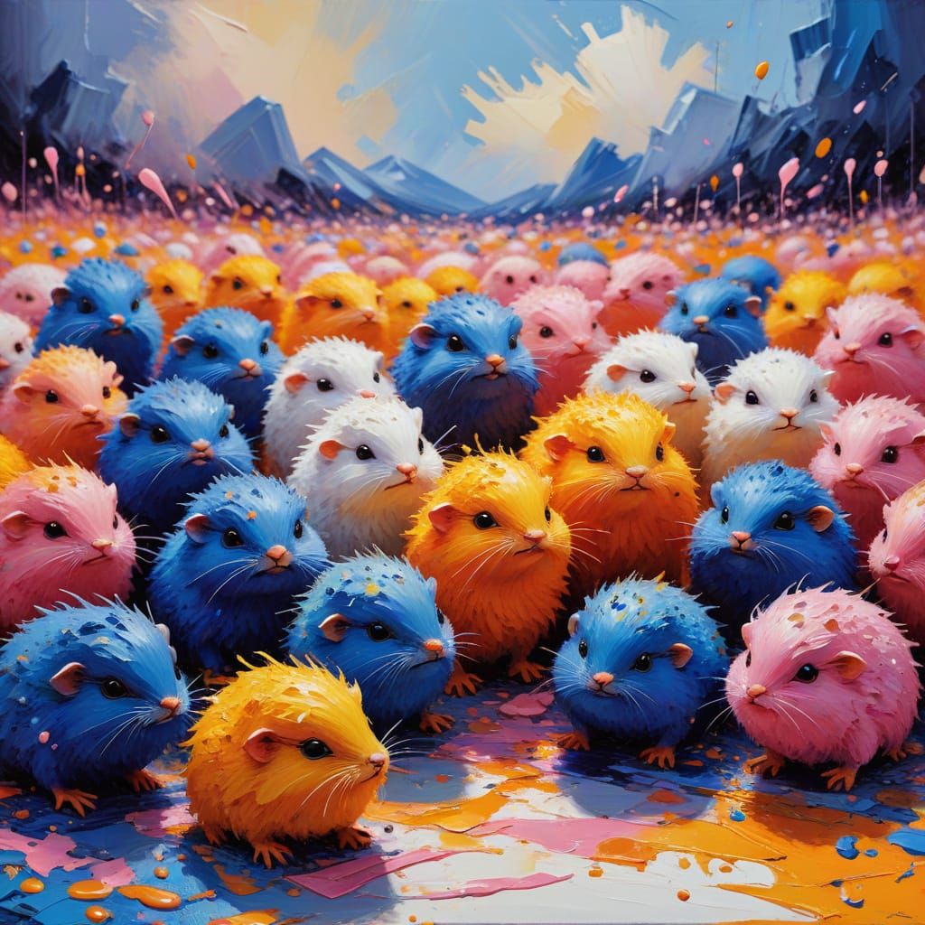 Surreal Scene of Frenzied Lemmings Invading a Workspace