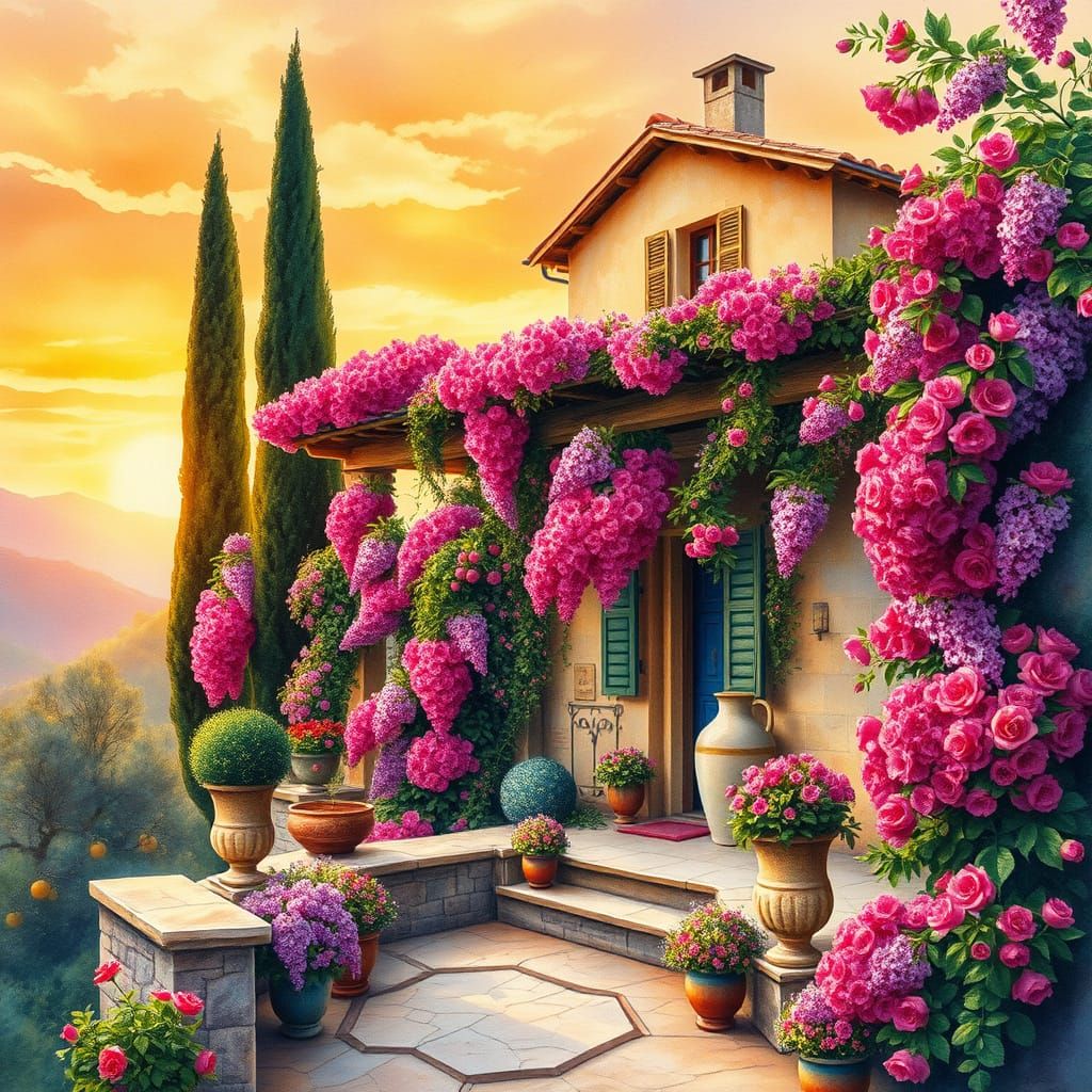 Tuscan Countryside Estate in Vibrant Watercolor