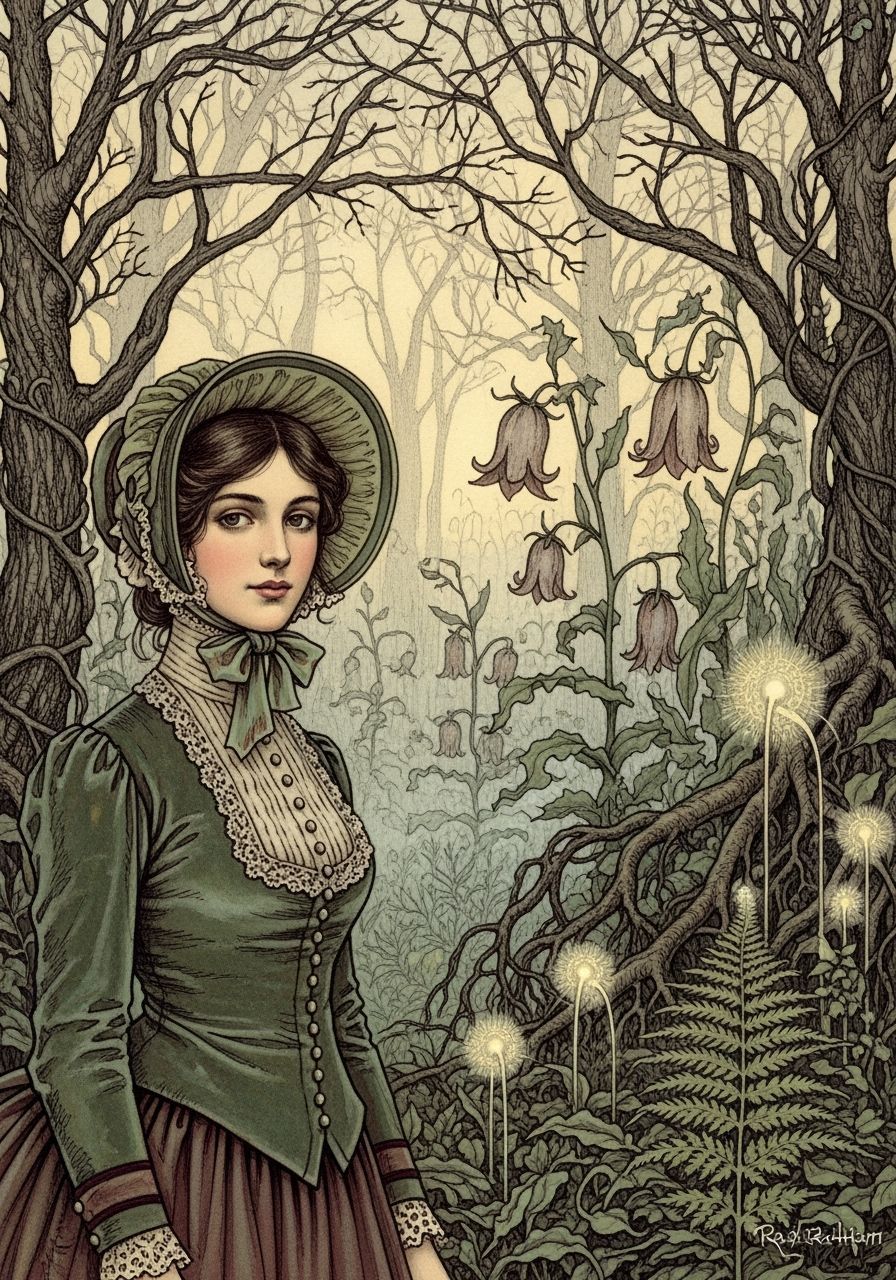 Victorian Woman in Botanic Garden, Rackham Style
