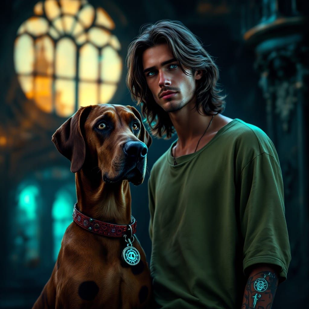 Handsome Shaggy Male with Brown Hair and Blue Eyes, Standing...